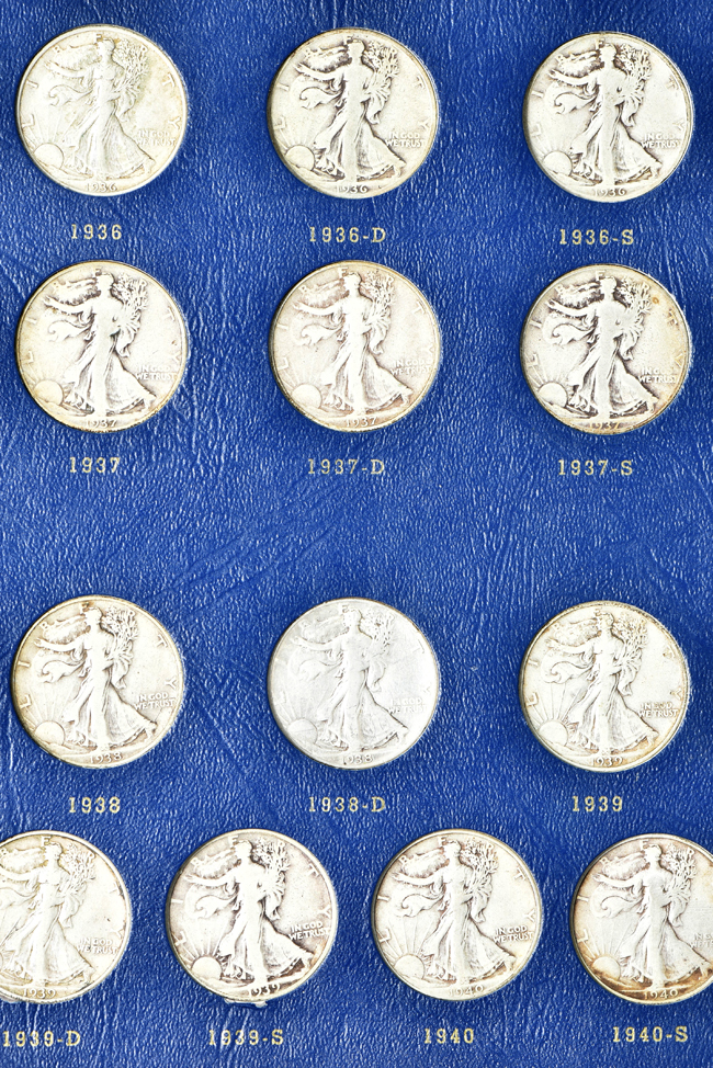 Nearly complete collection of Walking Liberty half-dollars in a Whitman 9423 album
