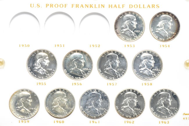 Collections of silver Proof Roosevelt dimes, Washington quarters, and Franklin half-dollars in three Capital Plastics holders