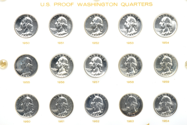Collections of silver Proof Roosevelt dimes, Washington quarters, and Franklin half-dollars in three Capital Plastics holders