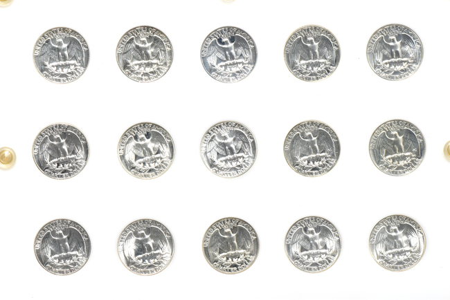 Collections of silver Proof Roosevelt dimes, Washington quarters, and Franklin half-dollars in three Capital Plastics holders