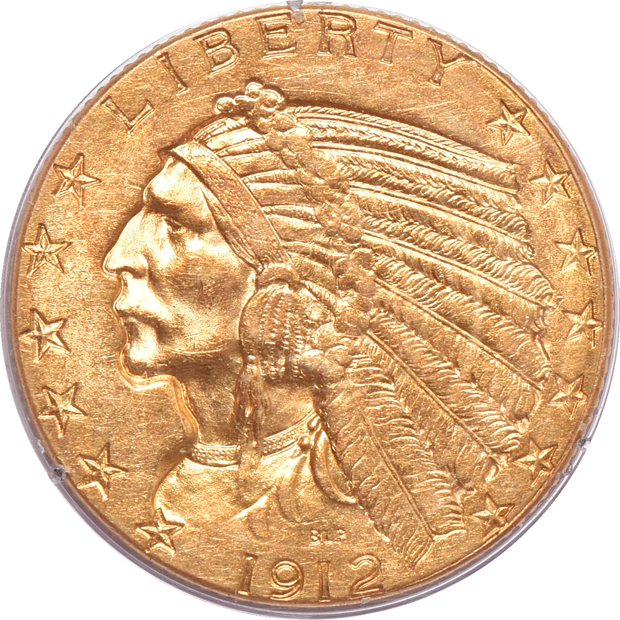 1899 Liberty double-eagle and 1912 Indian half-eagle, both PCGS MS-62 (rattler) CAC
