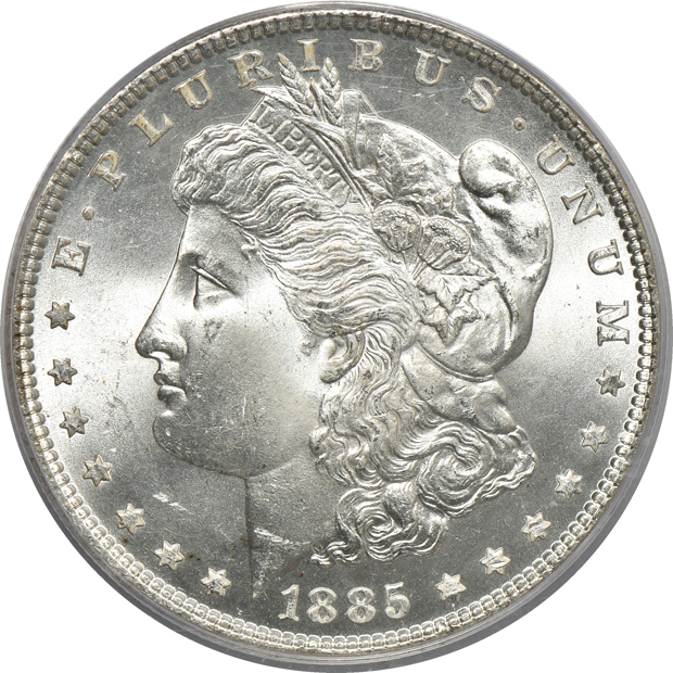Seven Morgan silver dollars certified MS-65