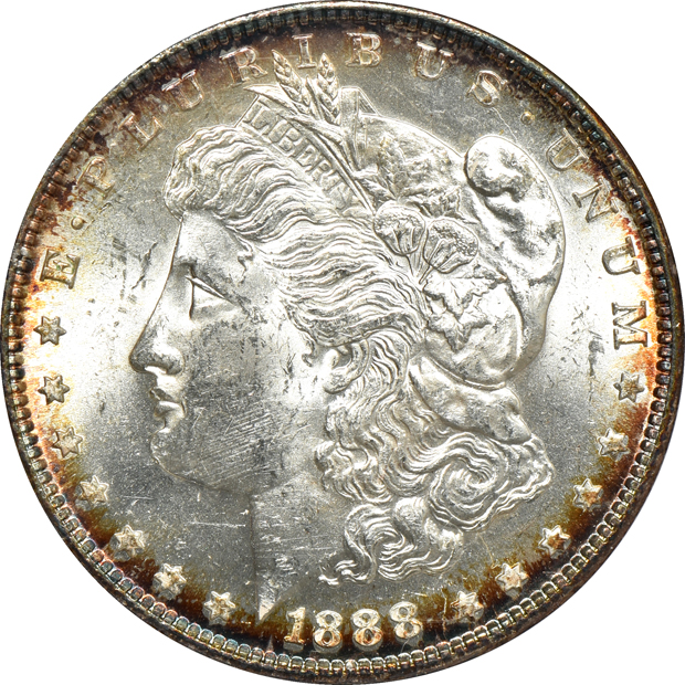 Five Morgan silver dollars certified MS-62 by ANACS