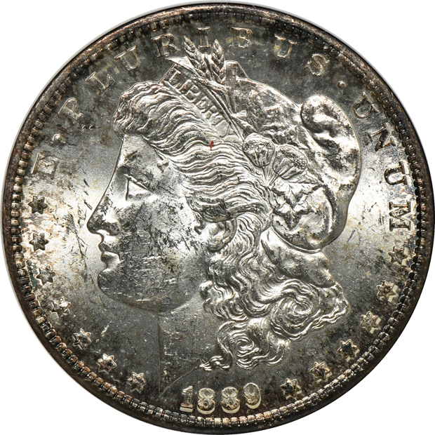 Five Morgan silver dollars certified MS-62 by ANACS
