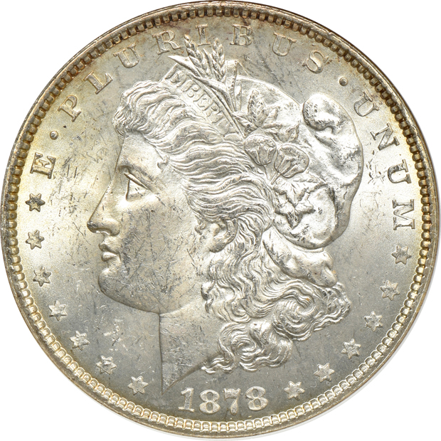 Five Morgan silver dollars certified MS-62 by ANACS
