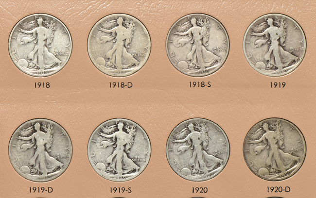 Collection of seventy Walking Liberty half-dollars in a Dansco 7160 album