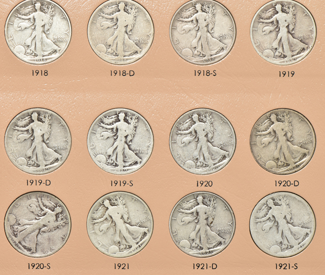 Collection of seventy Walking Liberty half-dollars in a Dansco 7160 album