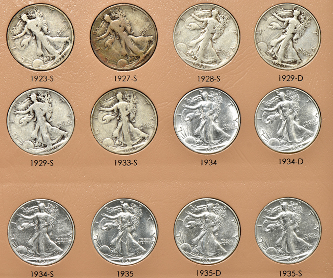 Collection of seventy Walking Liberty half-dollars in a Dansco 7160 album