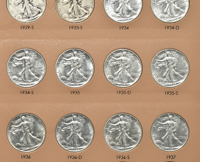 Collection of seventy Walking Liberty half-dollars in a Dansco 7160 album