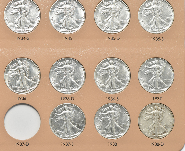 Collection of seventy Walking Liberty half-dollars in a Dansco 7160 album