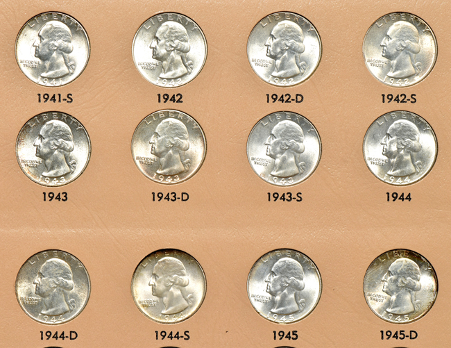 Complete collection of Washington quarters, including proof-only issues, in a Dansco 8140 album