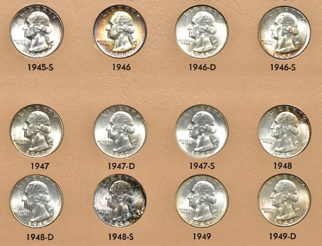 Complete collection of Washington quarters, including proof-only issues, in a Dansco 8140 album