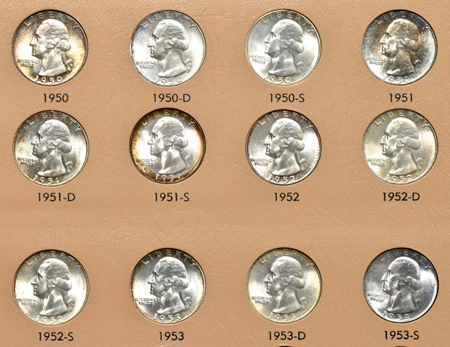 Complete collection of Washington quarters, including proof-only issues, in a Dansco 8140 album