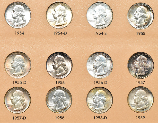 Complete collection of Washington quarters, including proof-only issues, in a Dansco 8140 album