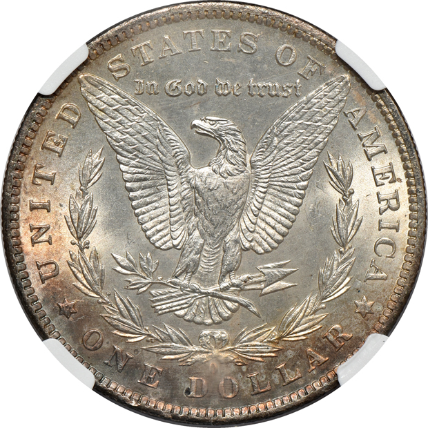 Four toned silver dollars certified MS-65 by NGC