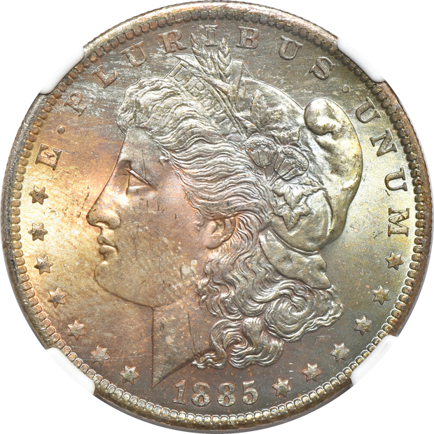 Four toned silver dollars certified MS-65 by NGC