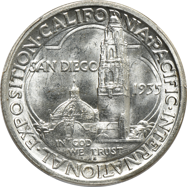 1925 Stone Mountain MS-66, 1935-S San Diego MS-66, and a 1936 Elgin MS-66+, all PCGS