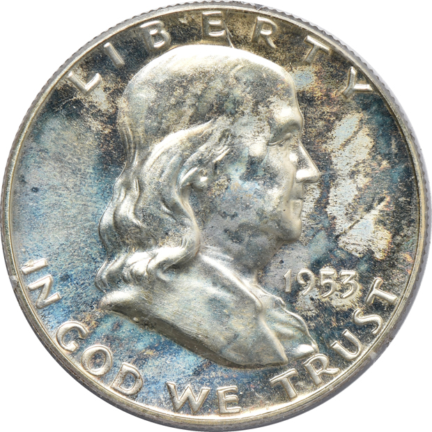 Five Proof Franklin half-dollars in older PCGS holders