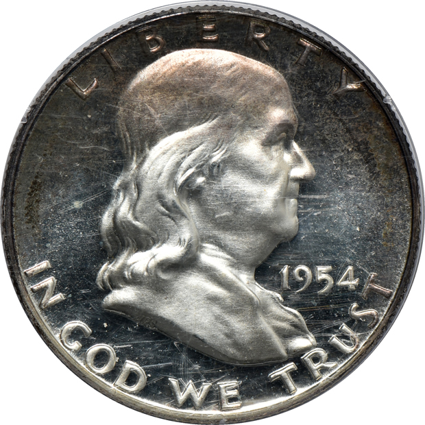 Five Proof Franklin half-dollars in older PCGS holders