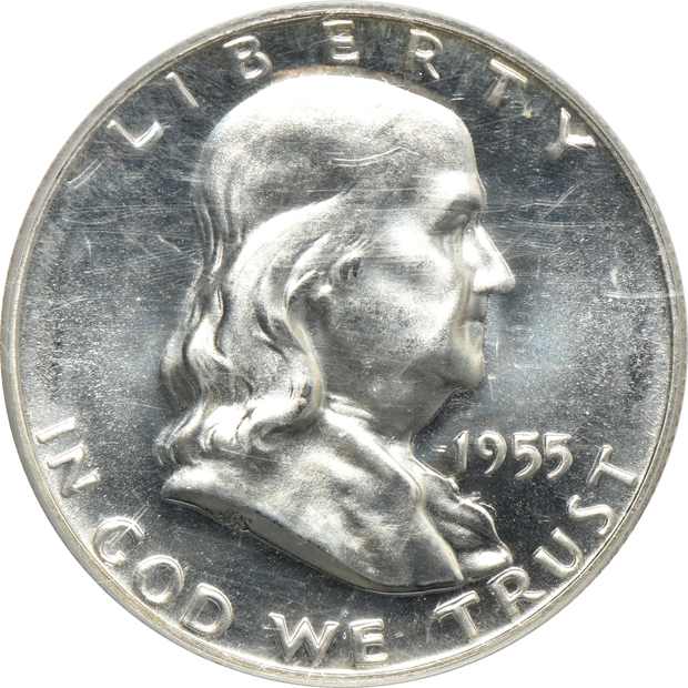 Five Proof Franklin half-dollars in older PCGS holders