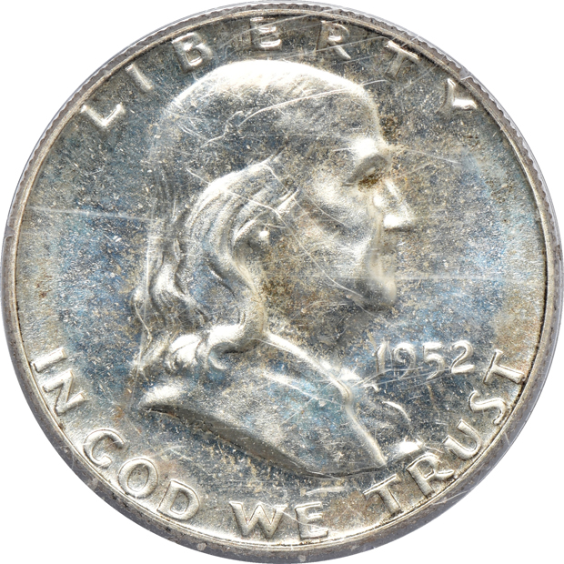 Five Proof Franklin half-dollars in older PCGS holders