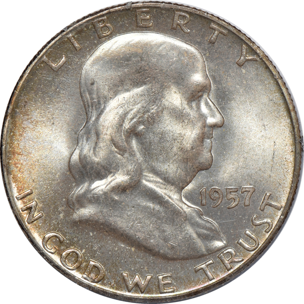 Ten Franklin half-dollars and four Morgan silver dollars, all PCGS (rattler)