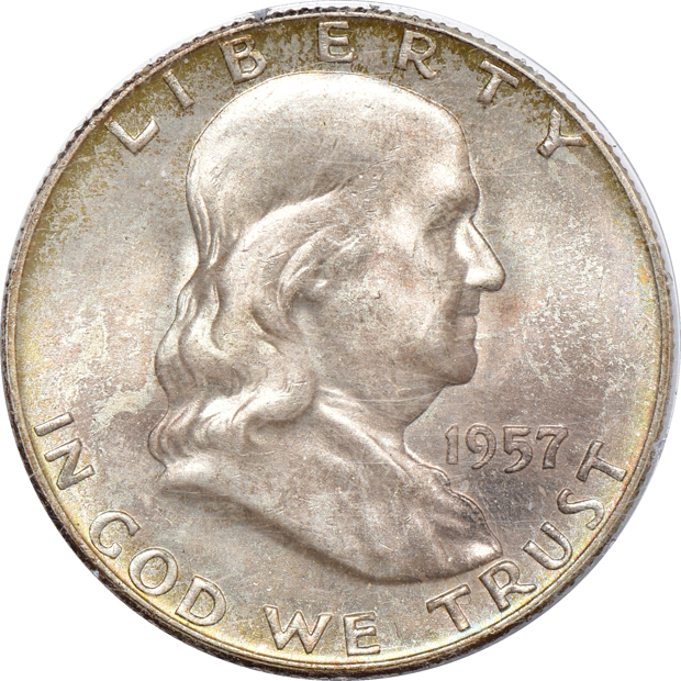 Ten Franklin half-dollars and four Morgan silver dollars, all PCGS (rattler)