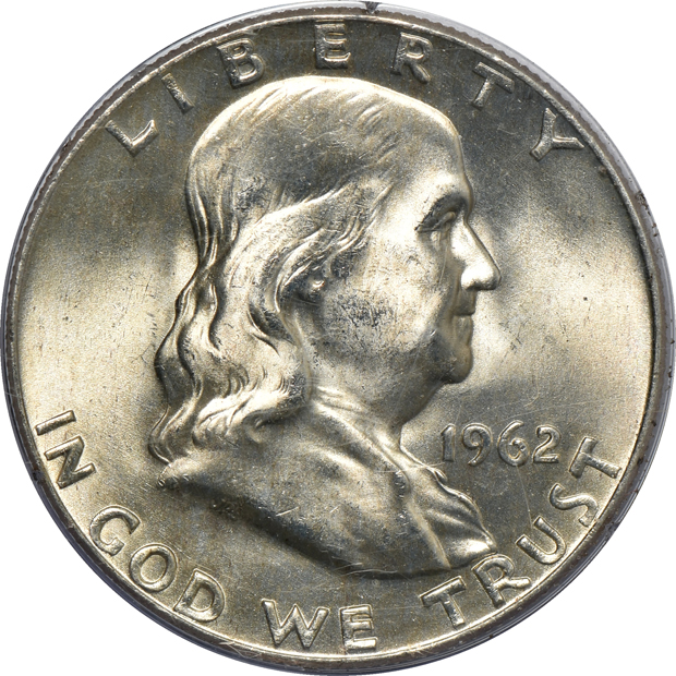Ten Franklin half-dollars and four Morgan silver dollars, all PCGS (rattler)