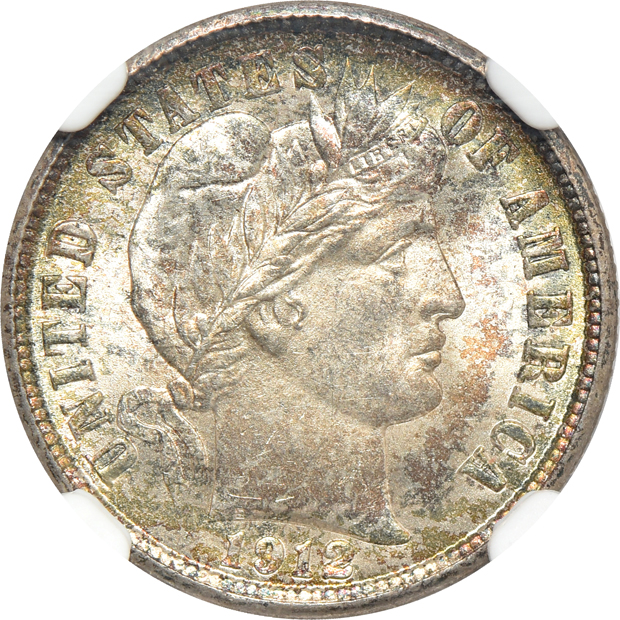 1890 Liberty Seated dime PCGS MS-65+, and a 1912 Barber dime MS-65 CAC
