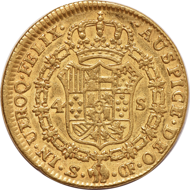 Spain - 1775-CF 4 escudo VF, and a 1797-MF 2 escudo XF
