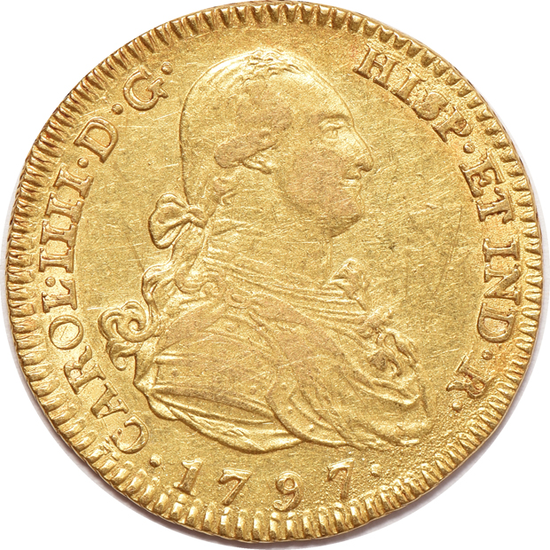 Spain - 1775-CF 4 escudo VF, and a 1797-MF 2 escudo XF