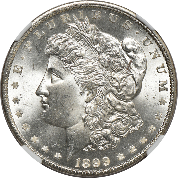 Four Morgan silver dollars certified by NGC
