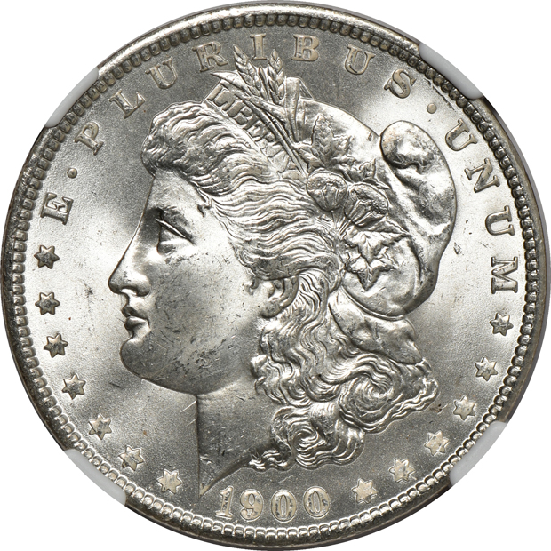 Four Morgan silver dollars certified by NGC