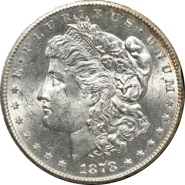 1878 Morgan silver dollar set in a Capital Plastics holder