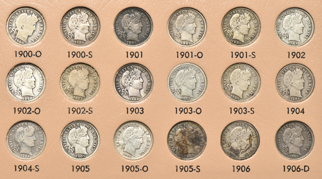 Complete collection of Barber dimes in a Dansco 7121 album