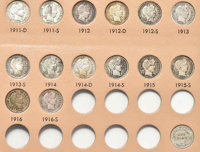 Complete collection of Barber dimes in a Dansco 7121 album