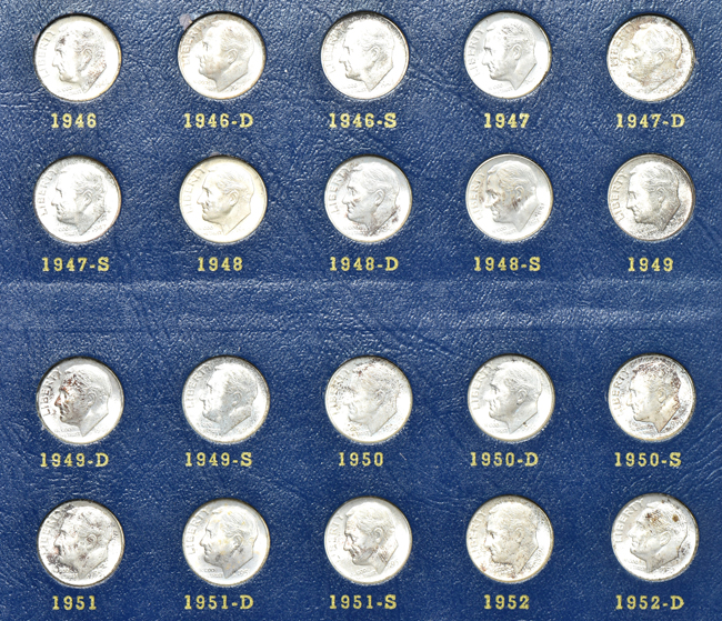 Two collections of silver Roosevelt dimes in albums, plus a collection of Jefferson nickels 1938 through 1965 Philadelphia in a Capital Plastics holder 