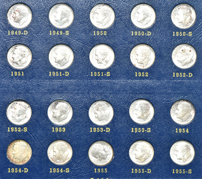 Two collections of silver Roosevelt dimes in albums, plus a collection of Jefferson nickels 1938 through 1965 Philadelphia in a Capital Plastics holder 