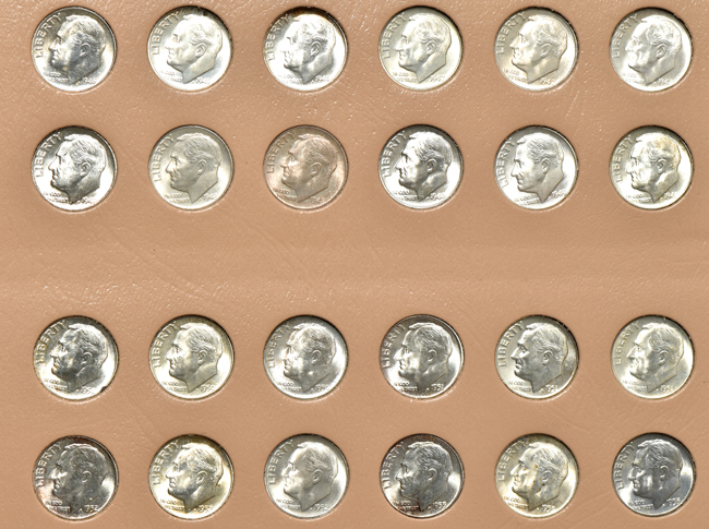 Two collections of silver Roosevelt dimes in albums, plus a collection of Jefferson nickels 1938 through 1965 Philadelphia in a Capital Plastics holder 