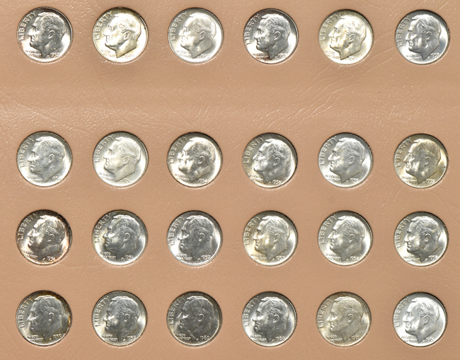 Two collections of silver Roosevelt dimes in albums, plus a collection of Jefferson nickels 1938 through 1965 Philadelphia in a Capital Plastics holder 
