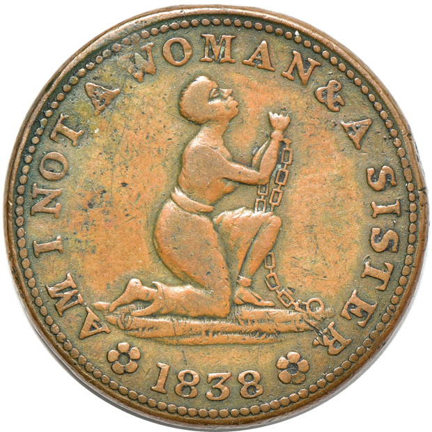 Circa 1800 Antislavery Iron Tobacco Box, plus Conder token D&H 1038b and Hard Times token HT 81