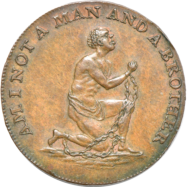 Circa 1800 Antislavery Iron Tobacco Box, plus Conder token D&H 1038b and Hard Times token HT 81