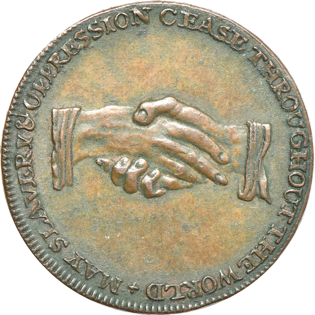 Circa 1800 Antislavery Iron Tobacco Box, plus Conder token D&H 1038b and Hard Times token HT 81
