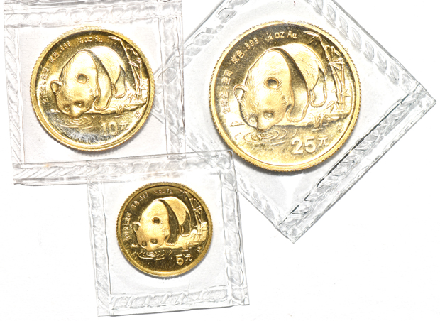 China - 1987 gold Panda five coin BU set, all sealed
