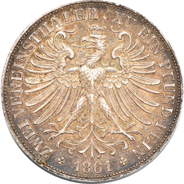 Germany - 1844 and 1861 Frankfurt 2 thaler, both AU