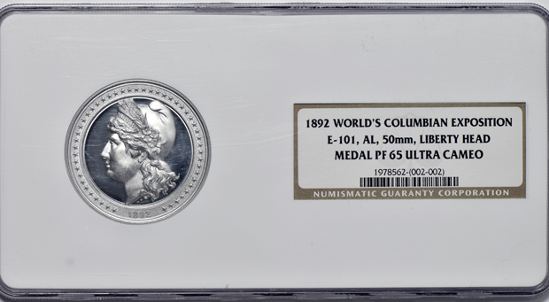 Three 1892 World's Columbian Exposition 50mm E-101 Aluminum Liberty Head medals certified by NGC