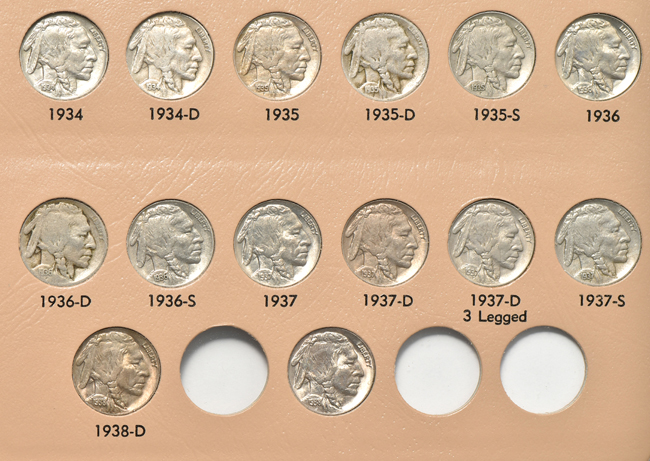 Nearly complete collection of Buffalo nickels in a Dansco 7112 album