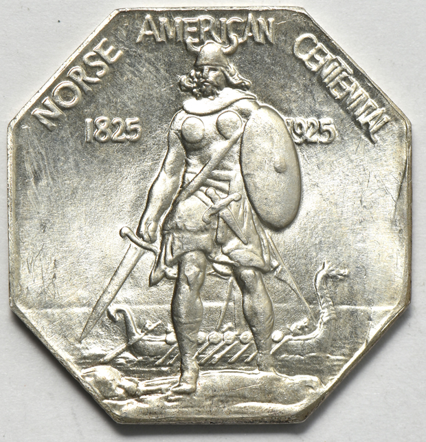 1900 Layfayette dollar, three silver commemorative half-dollars, and a Norse medal