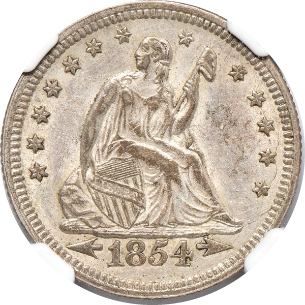 1854 w/arrows Seated Liberty quarter AU-50, and a 1925 Norse medal, thick, MS-64, both NGC
