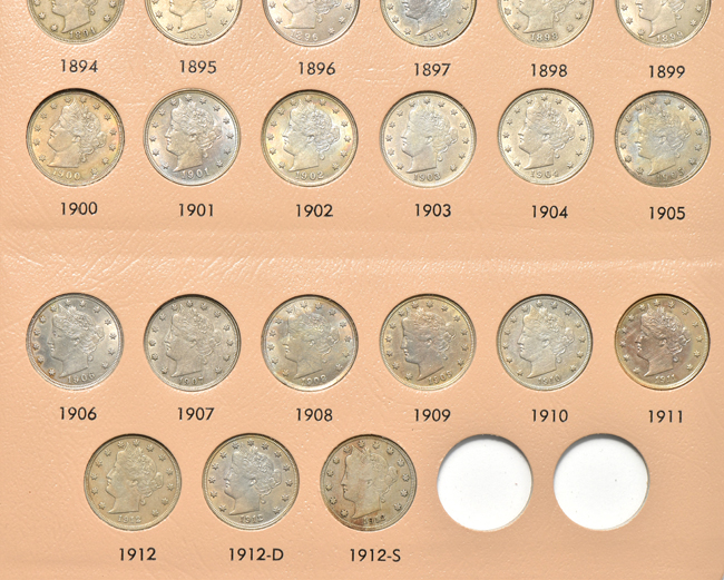 Collection of Liberty Head nickels in a complete Dansco 7111 album